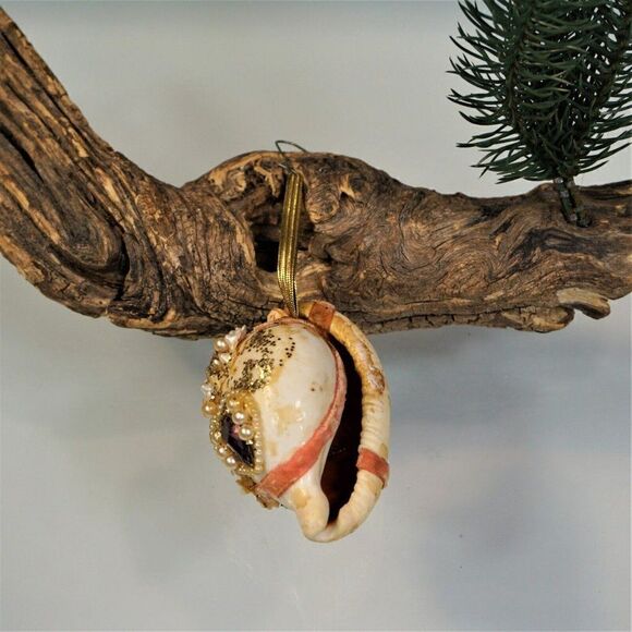 Vintage Christmas Ornament Seashell Beaded Mica Ribbon UNIQUE - Picture 7 of 11